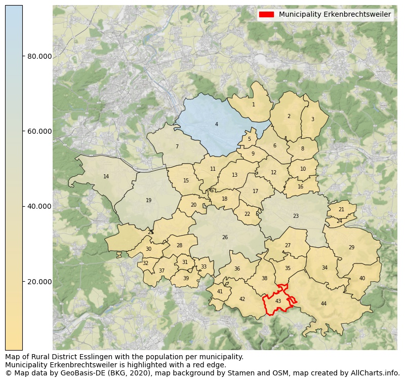 Map of Rural district Esslingen with the population per municipality.Municipality Erkenbrechtsweiler is highlighted with a red edge.. This page shows a lot of information about residents (such as the distribution by age groups, family composition, gender, native or German with an immigration background, ...), homes (numbers, types, price development, use, type of property, ...) and more (car ownership, energy consumption, ...) based on open data from the German Federal Agency for Cartography, the Federal Statistical Office (DESTATIS), the Regional Statistical Offices and various other sources!