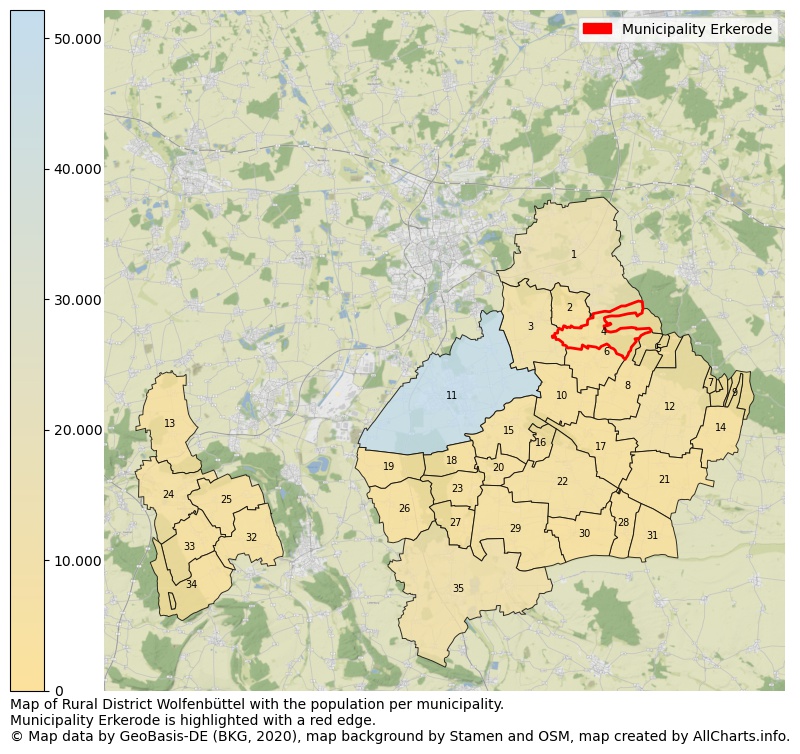 Map of Rural district Wolfenbüttel with the population per municipality.Municipality Erkerode is highlighted with a red edge.. This page shows a lot of information about residents (such as the distribution by age groups, family composition, gender, native or German with an immigration background, ...), homes (numbers, types, price development, use, type of property, ...) and more (car ownership, energy consumption, ...) based on open data from the German Federal Agency for Cartography, the Federal Statistical Office (DESTATIS), the Regional Statistical Offices and various other sources!