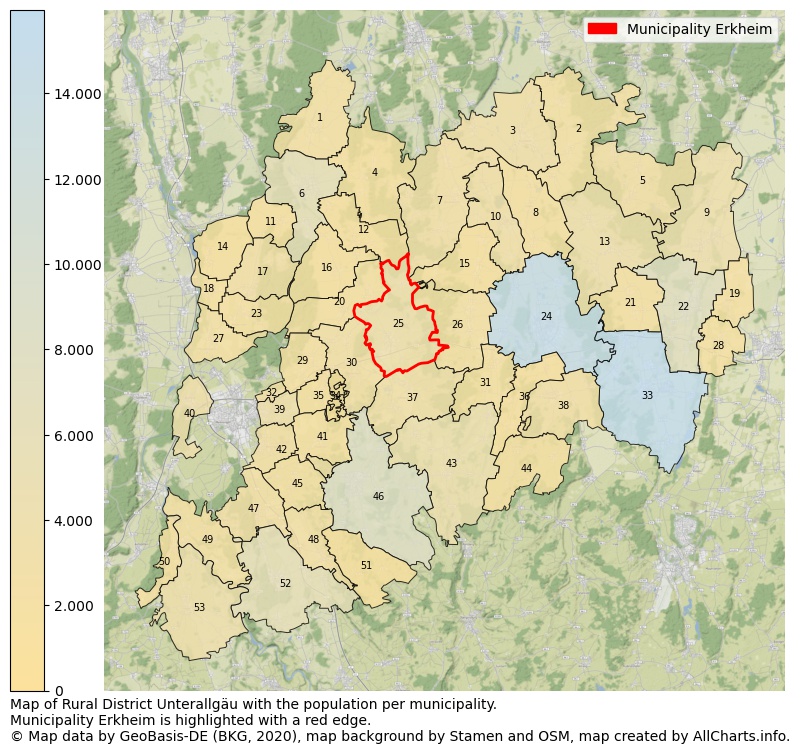 Map of Rural district Unterallgäu with the population per municipality.Municipality Erkheim is highlighted with a red edge.. This page shows a lot of information about residents (such as the distribution by age groups, family composition, gender, native or German with an immigration background, ...), homes (numbers, types, price development, use, type of property, ...) and more (car ownership, energy consumption, ...) based on open data from the German Federal Agency for Cartography, the Federal Statistical Office (DESTATIS), the Regional Statistical Offices and various other sources!