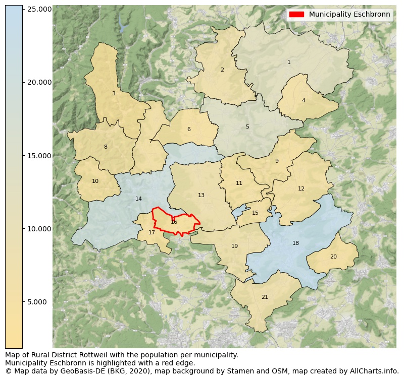 Map of Rural district Rottweil with the population per municipality.Municipality Eschbronn is highlighted with a red edge.. This page shows a lot of information about residents (such as the distribution by age groups, family composition, gender, native or German with an immigration background, ...), homes (numbers, types, price development, use, type of property, ...) and more (car ownership, energy consumption, ...) based on open data from the German Federal Agency for Cartography, the Federal Statistical Office (DESTATIS), the Regional Statistical Offices and various other sources!