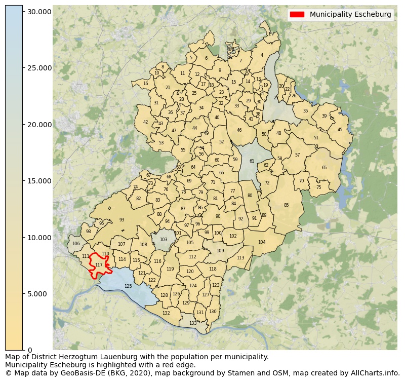 Map of District Herzogtum Lauenburg with the population per municipality.Municipality Escheburg is highlighted with a red edge.. This page shows a lot of information about residents (such as the distribution by age groups, family composition, gender, native or German with an immigration background, ...), homes (numbers, types, price development, use, type of property, ...) and more (car ownership, energy consumption, ...) based on open data from the German Federal Agency for Cartography, the Federal Statistical Office (DESTATIS), the Regional Statistical Offices and various other sources!