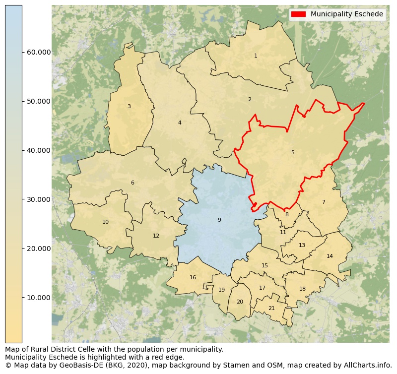 Map of Rural district Celle with the population per municipality.Municipality Eschede is highlighted with a red edge.. This page shows a lot of information about residents (such as the distribution by age groups, family composition, gender, native or German with an immigration background, ...), homes (numbers, types, price development, use, type of property, ...) and more (car ownership, energy consumption, ...) based on open data from the German Federal Agency for Cartography, the Federal Statistical Office (DESTATIS), the Regional Statistical Offices and various other sources!