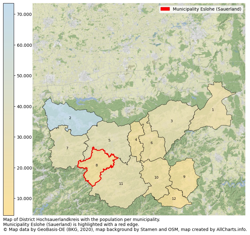 Map of District Hochsauerlandkreis with the population per municipality.Municipality Eslohe (Sauerland) is highlighted with a red edge.. This page shows a lot of information about residents (such as the distribution by age groups, family composition, gender, native or German with an immigration background, ...), homes (numbers, types, price development, use, type of property, ...) and more (car ownership, energy consumption, ...) based on open data from the German Federal Agency for Cartography, the Federal Statistical Office (DESTATIS), the Regional Statistical Offices and various other sources!