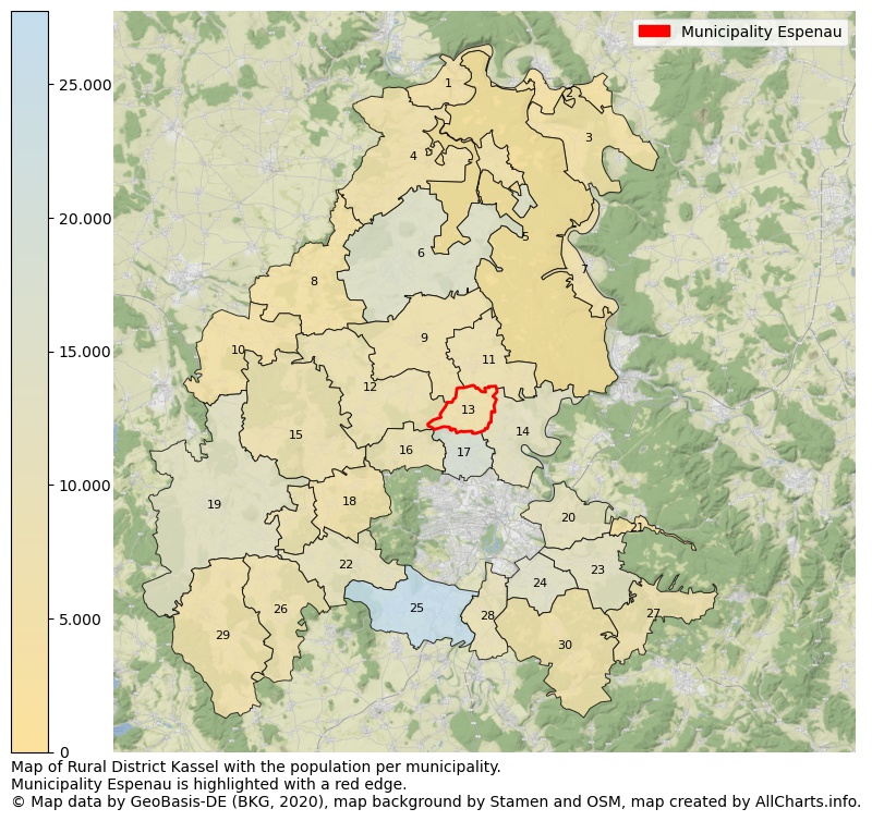 Map of Rural district Kassel with the population per municipality.Municipality Espenau is highlighted with a red edge.. This page shows a lot of information about residents (such as the distribution by age groups, family composition, gender, native or German with an immigration background, ...), homes (numbers, types, price development, use, type of property, ...) and more (car ownership, energy consumption, ...) based on open data from the German Federal Agency for Cartography, the Federal Statistical Office (DESTATIS), the Regional Statistical Offices and various other sources!