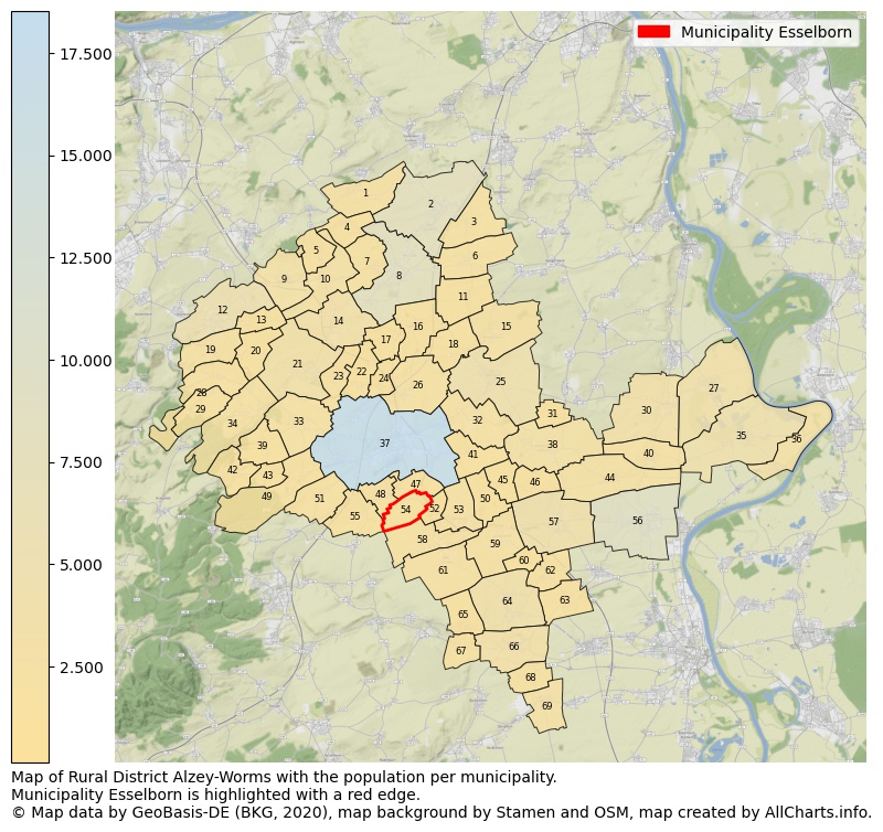 Map of Rural district Alzey-Worms with the population per municipality.Municipality Esselborn is highlighted with a red edge.. This page shows a lot of information about residents (such as the distribution by age groups, family composition, gender, native or German with an immigration background, ...), homes (numbers, types, price development, use, type of property, ...) and more (car ownership, energy consumption, ...) based on open data from the German Federal Agency for Cartography, the Federal Statistical Office (DESTATIS), the Regional Statistical Offices and various other sources!
