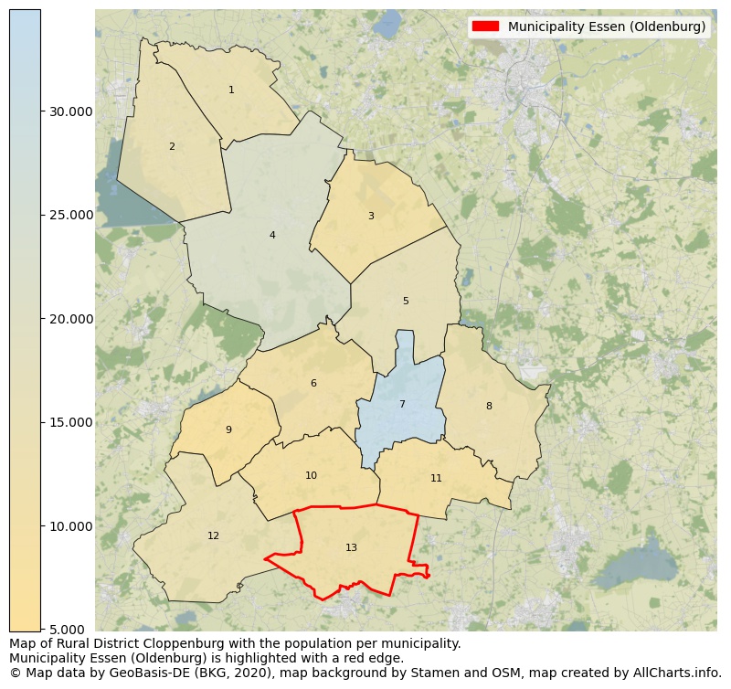 Map of Rural district Cloppenburg with the population per municipality.Municipality Essen (Oldenburg) is highlighted with a red edge.. This page shows a lot of information about residents (such as the distribution by age groups, family composition, gender, native or German with an immigration background, ...), homes (numbers, types, price development, use, type of property, ...) and more (car ownership, energy consumption, ...) based on open data from the German Federal Agency for Cartography, the Federal Statistical Office (DESTATIS), the Regional Statistical Offices and various other sources!