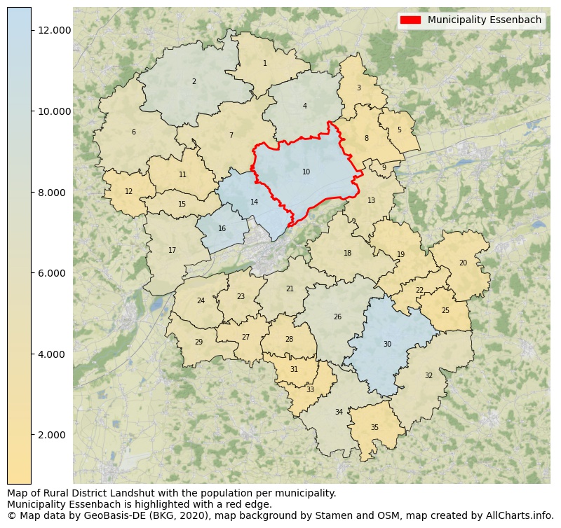 Map of Rural district Landshut with the population per municipality.Municipality Essenbach is highlighted with a red edge.. This page shows a lot of information about residents (such as the distribution by age groups, family composition, gender, native or German with an immigration background, ...), homes (numbers, types, price development, use, type of property, ...) and more (car ownership, energy consumption, ...) based on open data from the German Federal Agency for Cartography, the Federal Statistical Office (DESTATIS), the Regional Statistical Offices and various other sources!