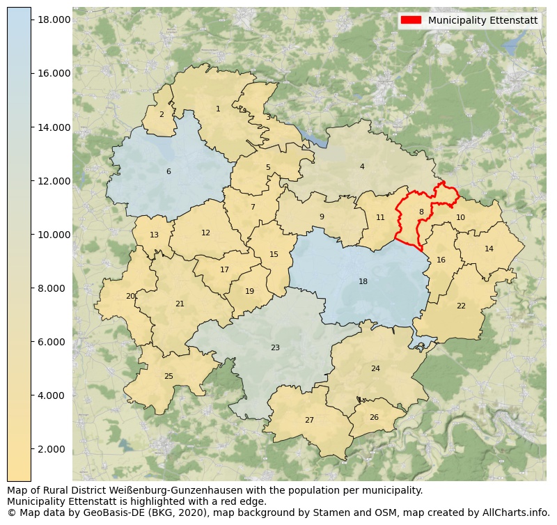 Map of Rural district Weißenburg-Gunzenhausen with the population per municipality.Municipality Ettenstatt is highlighted with a red edge.. This page shows a lot of information about residents (such as the distribution by age groups, family composition, gender, native or German with an immigration background, ...), homes (numbers, types, price development, use, type of property, ...) and more (car ownership, energy consumption, ...) based on open data from the German Federal Agency for Cartography, the Federal Statistical Office (DESTATIS), the Regional Statistical Offices and various other sources!