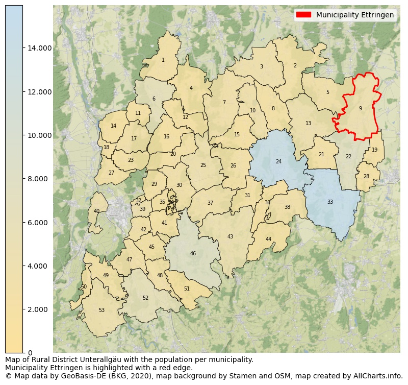 Map of Rural district Unterallgäu with the population per municipality.Municipality Ettringen is highlighted with a red edge.. This page shows a lot of information about residents (such as the distribution by age groups, family composition, gender, native or German with an immigration background, ...), homes (numbers, types, price development, use, type of property, ...) and more (car ownership, energy consumption, ...) based on open data from the German Federal Agency for Cartography, the Federal Statistical Office (DESTATIS), the Regional Statistical Offices and various other sources!