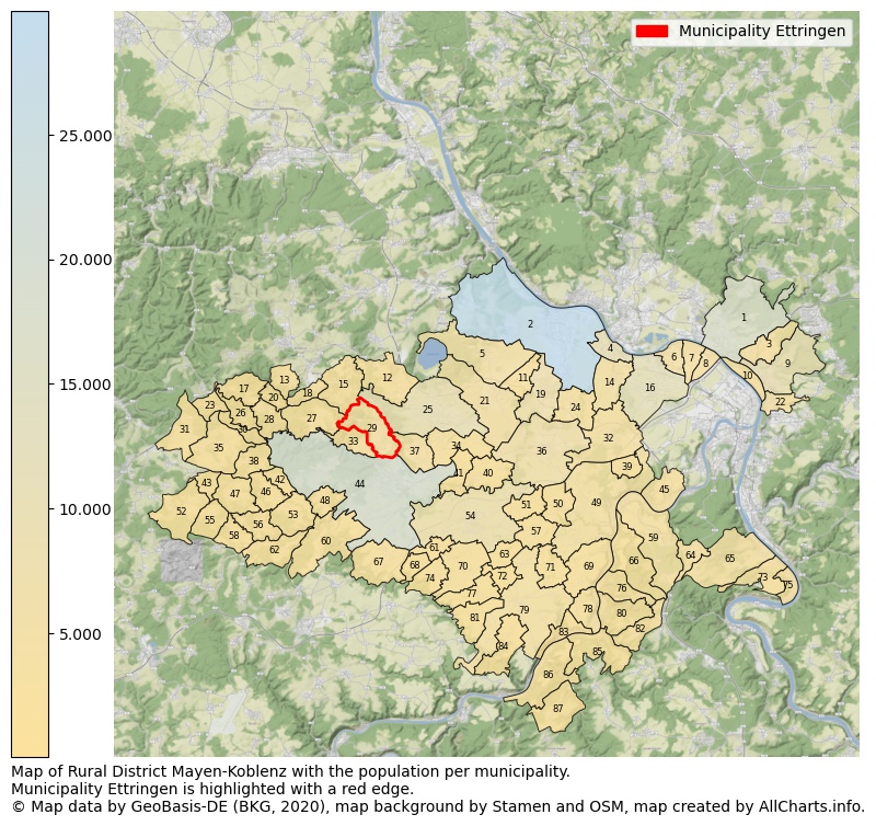 Map of Rural district Mayen-Koblenz with the population per municipality.Municipality Ettringen is highlighted with a red edge.. This page shows a lot of information about residents (such as the distribution by age groups, family composition, gender, native or German with an immigration background, ...), homes (numbers, types, price development, use, type of property, ...) and more (car ownership, energy consumption, ...) based on open data from the German Federal Agency for Cartography, the Federal Statistical Office (DESTATIS), the Regional Statistical Offices and various other sources!