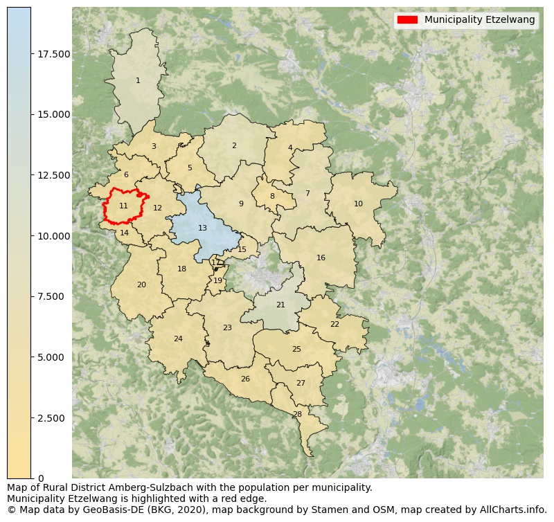 Map of Rural district Amberg-Sulzbach with the population per municipality.Municipality Etzelwang is highlighted with a red edge.. This page shows a lot of information about residents (such as the distribution by age groups, family composition, gender, native or German with an immigration background, ...), homes (numbers, types, price development, use, type of property, ...) and more (car ownership, energy consumption, ...) based on open data from the German Federal Agency for Cartography, the Federal Statistical Office (DESTATIS), the Regional Statistical Offices and various other sources!