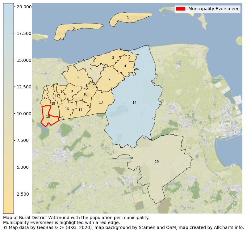 Map of Rural district Wittmund with the population per municipality.Municipality Eversmeer is highlighted with a red edge.. This page shows a lot of information about residents (such as the distribution by age groups, family composition, gender, native or German with an immigration background, ...), homes (numbers, types, price development, use, type of property, ...) and more (car ownership, energy consumption, ...) based on open data from the German Federal Agency for Cartography, the Federal Statistical Office (DESTATIS), the Regional Statistical Offices and various other sources!