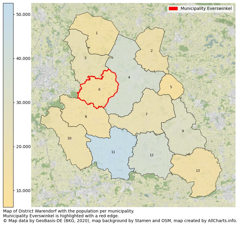 Map of District Warendorf with the population per municipality.Municipality Everswinkel is highlighted with a red edge.. This page shows a lot of information about residents (such as the distribution by age groups, family composition, gender, native or German with an immigration background, ...), homes (numbers, types, price development, use, type of property, ...) and more (car ownership, energy consumption, ...) based on open data from the German Federal Agency for Cartography, the Federal Statistical Office (DESTATIS), the Regional Statistical Offices and various other sources!