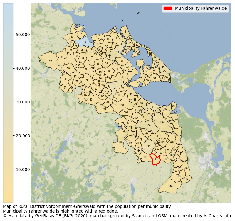 Map of Rural district Vorpommern-Greifswald with the population per municipality.Municipality Fahrenwalde is highlighted with a red edge.. This page shows a lot of information about residents (such as the distribution by age groups, family composition, gender, native or German with an immigration background, ...), homes (numbers, types, price development, use, type of property, ...) and more (car ownership, energy consumption, ...) based on open data from the German Federal Agency for Cartography, the Federal Statistical Office (DESTATIS), the Regional Statistical Offices and various other sources!