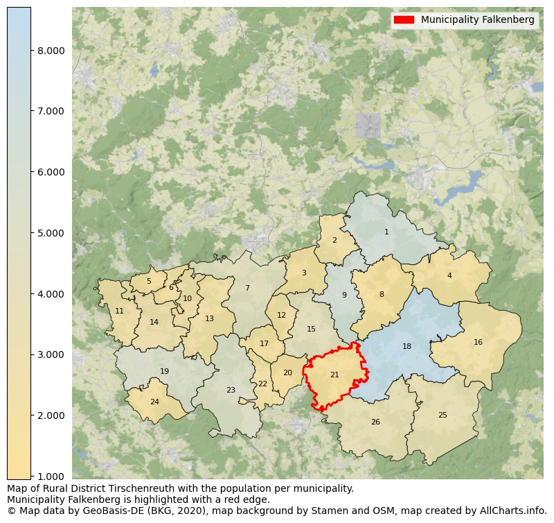 Map of Rural district Tirschenreuth with the population per municipality.Municipality Falkenberg is highlighted with a red edge.. This page shows a lot of information about residents (such as the distribution by age groups, family composition, gender, native or German with an immigration background, ...), homes (numbers, types, price development, use, type of property, ...) and more (car ownership, energy consumption, ...) based on open data from the German Federal Agency for Cartography, the Federal Statistical Office (DESTATIS), the Regional Statistical Offices and various other sources!