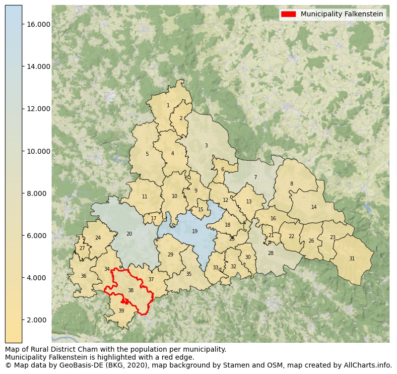 Map of Rural district Cham with the population per municipality.Municipality Falkenstein is highlighted with a red edge.. This page shows a lot of information about residents (such as the distribution by age groups, family composition, gender, native or German with an immigration background, ...), homes (numbers, types, price development, use, type of property, ...) and more (car ownership, energy consumption, ...) based on open data from the German Federal Agency for Cartography, the Federal Statistical Office (DESTATIS), the Regional Statistical Offices and various other sources!