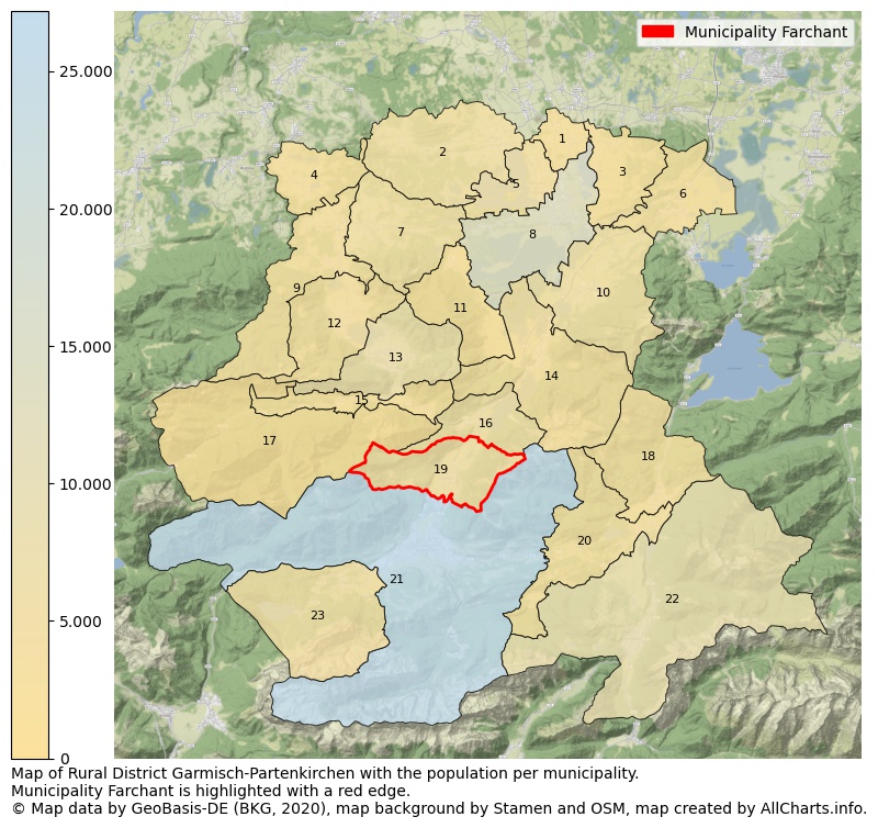 Map of Rural district Garmisch-Partenkirchen with the population per municipality.Municipality Farchant is highlighted with a red edge.. This page shows a lot of information about residents (such as the distribution by age groups, family composition, gender, native or German with an immigration background, ...), homes (numbers, types, price development, use, type of property, ...) and more (car ownership, energy consumption, ...) based on open data from the German Federal Agency for Cartography, the Federal Statistical Office (DESTATIS), the Regional Statistical Offices and various other sources!