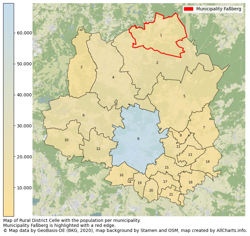 Map of Rural district Celle with the population per municipality.Municipality Faßberg is highlighted with a red edge.. This page shows a lot of information about residents (such as the distribution by age groups, family composition, gender, native or German with an immigration background, ...), homes (numbers, types, price development, use, type of property, ...) and more (car ownership, energy consumption, ...) based on open data from the German Federal Agency for Cartography, the Federal Statistical Office (DESTATIS), the Regional Statistical Offices and various other sources!