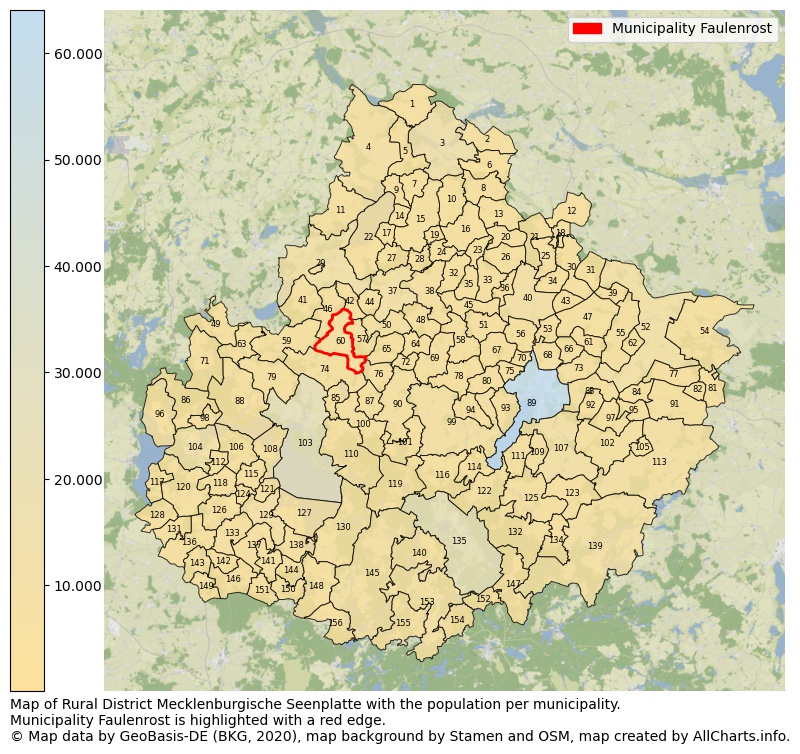 Map of Rural district Mecklenburgische Seenplatte with the population per municipality.Municipality Faulenrost is highlighted with a red edge.. This page shows a lot of information about residents (such as the distribution by age groups, family composition, gender, native or German with an immigration background, ...), homes (numbers, types, price development, use, type of property, ...) and more (car ownership, energy consumption, ...) based on open data from the German Federal Agency for Cartography, the Federal Statistical Office (DESTATIS), the Regional Statistical Offices and various other sources!