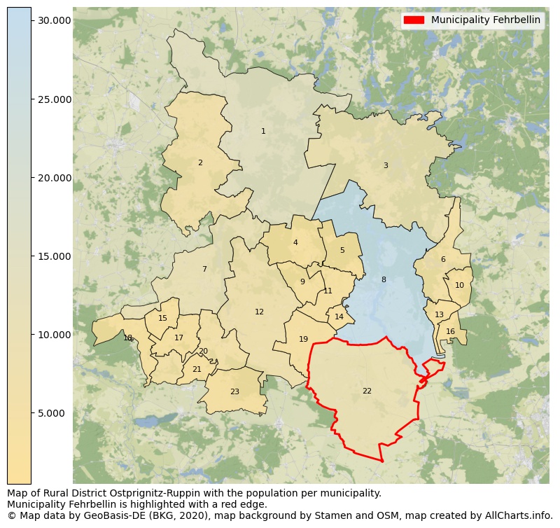 Map of Rural district Ostprignitz-Ruppin with the population per municipality.Municipality Fehrbellin is highlighted with a red edge.. This page shows a lot of information about residents (such as the distribution by age groups, family composition, gender, native or German with an immigration background, ...), homes (numbers, types, price development, use, type of property, ...) and more (car ownership, energy consumption, ...) based on open data from the German Federal Agency for Cartography, the Federal Statistical Office (DESTATIS), the Regional Statistical Offices and various other sources!