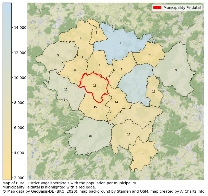 Map of Rural district Vogelsbergkreis with the population per municipality.Municipality Feldatal is highlighted with a red edge.. This page shows a lot of information about residents (such as the distribution by age groups, family composition, gender, native or German with an immigration background, ...), homes (numbers, types, price development, use, type of property, ...) and more (car ownership, energy consumption, ...) based on open data from the German Federal Agency for Cartography, the Federal Statistical Office (DESTATIS), the Regional Statistical Offices and various other sources!