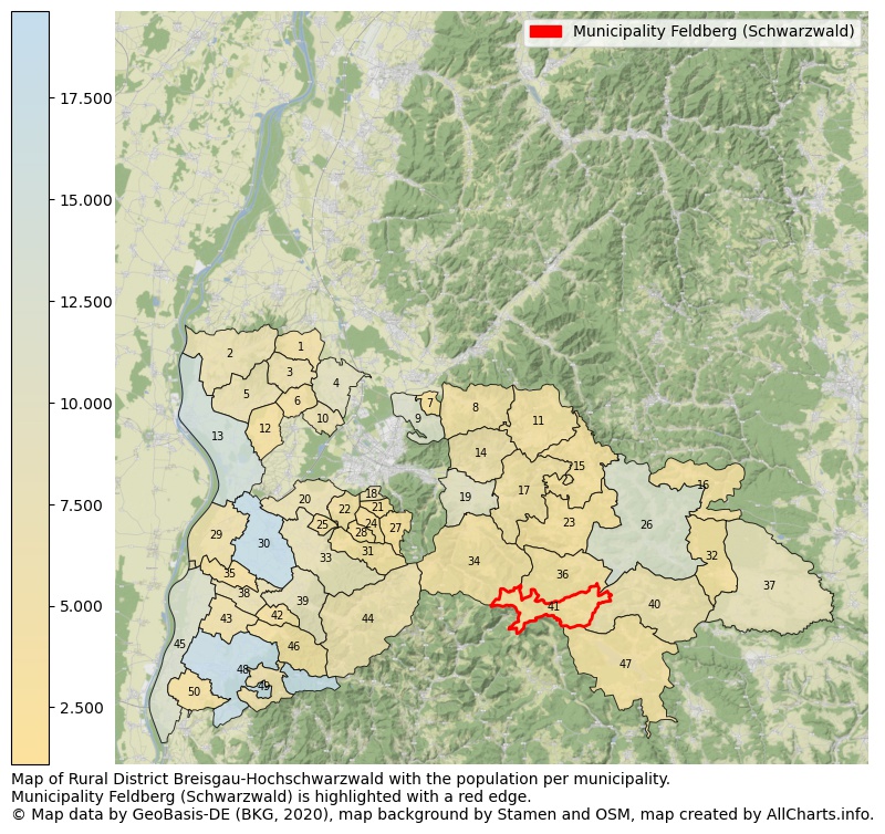 Map of Rural district Breisgau-Hochschwarzwald with the population per municipality.Municipality Feldberg (Schwarzwald) is highlighted with a red edge.. This page shows a lot of information about residents (such as the distribution by age groups, family composition, gender, native or German with an immigration background, ...), homes (numbers, types, price development, use, type of property, ...) and more (car ownership, energy consumption, ...) based on open data from the German Federal Agency for Cartography, the Federal Statistical Office (DESTATIS), the Regional Statistical Offices and various other sources!