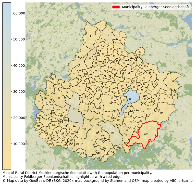 Map of Rural district Mecklenburgische Seenplatte with the population per municipality.Municipality Feldberger Seenlandschaft is highlighted with a red edge.. This page shows a lot of information about residents (such as the distribution by age groups, family composition, gender, native or German with an immigration background, ...), homes (numbers, types, price development, use, type of property, ...) and more (car ownership, energy consumption, ...) based on open data from the German Federal Agency for Cartography, the Federal Statistical Office (DESTATIS), the Regional Statistical Offices and various other sources!
