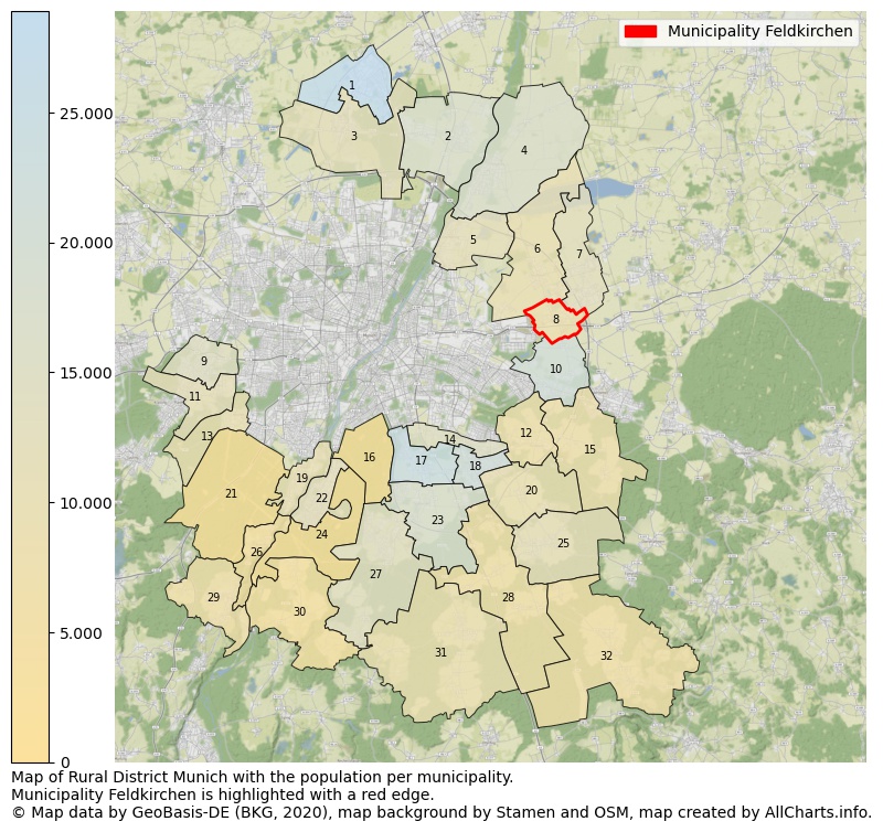 Map of Rural district Munich with the population per municipality.Municipality Feldkirchen is highlighted with a red edge.. This page shows a lot of information about residents (such as the distribution by age groups, family composition, gender, native or German with an immigration background, ...), homes (numbers, types, price development, use, type of property, ...) and more (car ownership, energy consumption, ...) based on open data from the German Federal Agency for Cartography, the Federal Statistical Office (DESTATIS), the Regional Statistical Offices and various other sources!