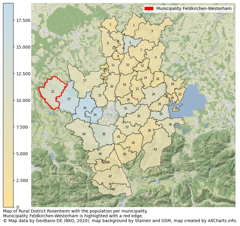 Map of Rural district Rosenheim with the population per municipality.Municipality Feldkirchen-Westerham is highlighted with a red edge.. This page shows a lot of information about residents (such as the distribution by age groups, family composition, gender, native or German with an immigration background, ...), homes (numbers, types, price development, use, type of property, ...) and more (car ownership, energy consumption, ...) based on open data from the German Federal Agency for Cartography, the Federal Statistical Office (DESTATIS), the Regional Statistical Offices and various other sources!