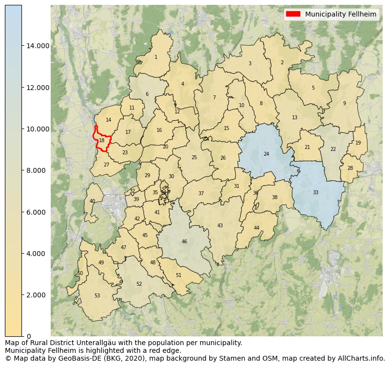 Map of Rural district Unterallgäu with the population per municipality.Municipality Fellheim is highlighted with a red edge.. This page shows a lot of information about residents (such as the distribution by age groups, family composition, gender, native or German with an immigration background, ...), homes (numbers, types, price development, use, type of property, ...) and more (car ownership, energy consumption, ...) based on open data from the German Federal Agency for Cartography, the Federal Statistical Office (DESTATIS), the Regional Statistical Offices and various other sources!
