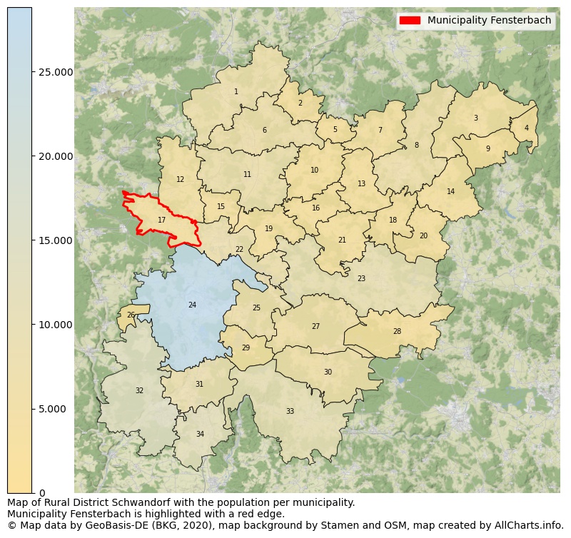 Map of Rural district Schwandorf with the population per municipality.Municipality Fensterbach is highlighted with a red edge.. This page shows a lot of information about residents (such as the distribution by age groups, family composition, gender, native or German with an immigration background, ...), homes (numbers, types, price development, use, type of property, ...) and more (car ownership, energy consumption, ...) based on open data from the German Federal Agency for Cartography, the Federal Statistical Office (DESTATIS), the Regional Statistical Offices and various other sources!