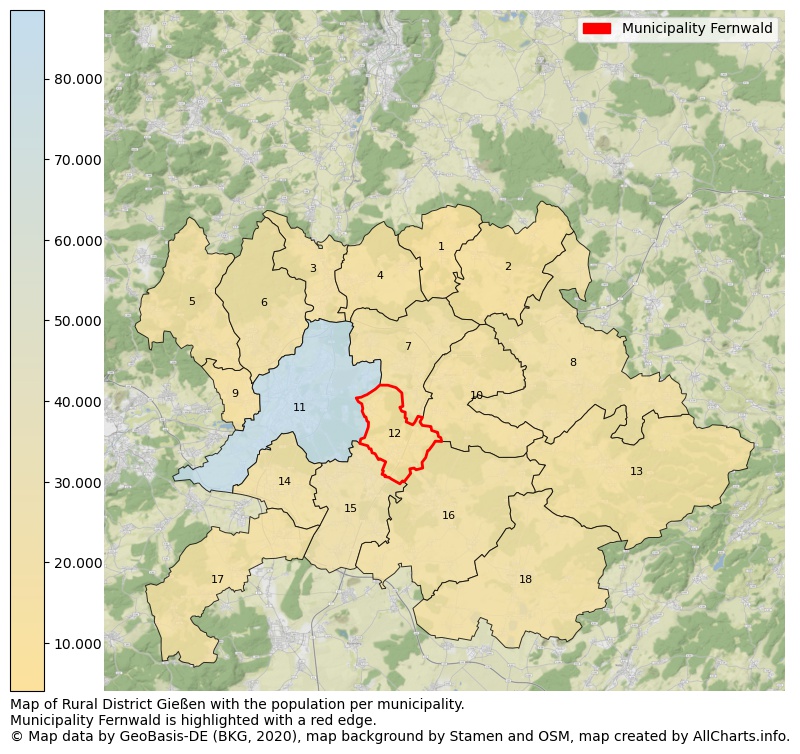 Map of Rural district Gießen with the population per municipality.Municipality Fernwald is highlighted with a red edge.. This page shows a lot of information about residents (such as the distribution by age groups, family composition, gender, native or German with an immigration background, ...), homes (numbers, types, price development, use, type of property, ...) and more (car ownership, energy consumption, ...) based on open data from the German Federal Agency for Cartography, the Federal Statistical Office (DESTATIS), the Regional Statistical Offices and various other sources!