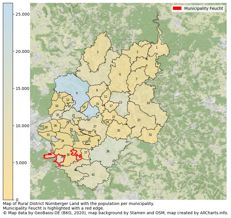 Map of Rural district Nürnberger Land with the population per municipality.Municipality Feucht is highlighted with a red edge.. This page shows a lot of information about residents (such as the distribution by age groups, family composition, gender, native or German with an immigration background, ...), homes (numbers, types, price development, use, type of property, ...) and more (car ownership, energy consumption, ...) based on open data from the German Federal Agency for Cartography, the Federal Statistical Office (DESTATIS), the Regional Statistical Offices and various other sources!