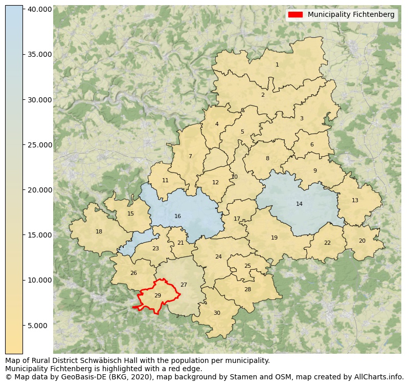 Map of Rural district Schwäbisch Hall with the population per municipality.Municipality Fichtenberg is highlighted with a red edge.. This page shows a lot of information about residents (such as the distribution by age groups, family composition, gender, native or German with an immigration background, ...), homes (numbers, types, price development, use, type of property, ...) and more (car ownership, energy consumption, ...) based on open data from the German Federal Agency for Cartography, the Federal Statistical Office (DESTATIS), the Regional Statistical Offices and various other sources!