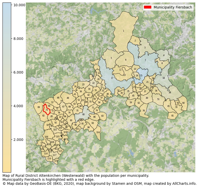 Map of Rural district Altenkirchen (Westerwald) with the population per municipality.Municipality Fiersbach is highlighted with a red edge.. This page shows a lot of information about residents (such as the distribution by age groups, family composition, gender, native or German with an immigration background, ...), homes (numbers, types, price development, use, type of property, ...) and more (car ownership, energy consumption, ...) based on open data from the German Federal Agency for Cartography, the Federal Statistical Office (DESTATIS), the Regional Statistical Offices and various other sources!