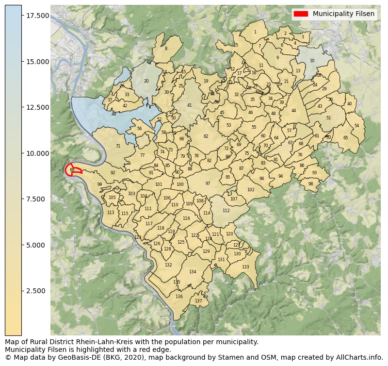 Map of Rural district Rhein-Lahn-Kreis with the population per municipality.Municipality Filsen is highlighted with a red edge.. This page shows a lot of information about residents (such as the distribution by age groups, family composition, gender, native or German with an immigration background, ...), homes (numbers, types, price development, use, type of property, ...) and more (car ownership, energy consumption, ...) based on open data from the German Federal Agency for Cartography, the Federal Statistical Office (DESTATIS), the Regional Statistical Offices and various other sources!