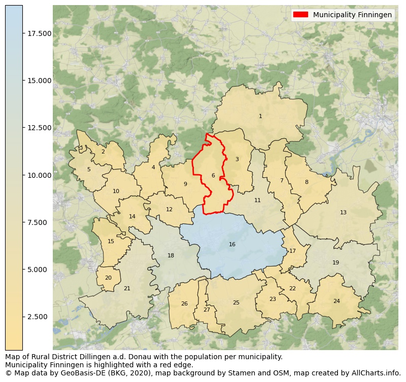 Map of Rural district Dillingen a.d. Donau with the population per municipality.Municipality Finningen is highlighted with a red edge.. This page shows a lot of information about residents (such as the distribution by age groups, family composition, gender, native or German with an immigration background, ...), homes (numbers, types, price development, use, type of property, ...) and more (car ownership, energy consumption, ...) based on open data from the German Federal Agency for Cartography, the Federal Statistical Office (DESTATIS), the Regional Statistical Offices and various other sources!