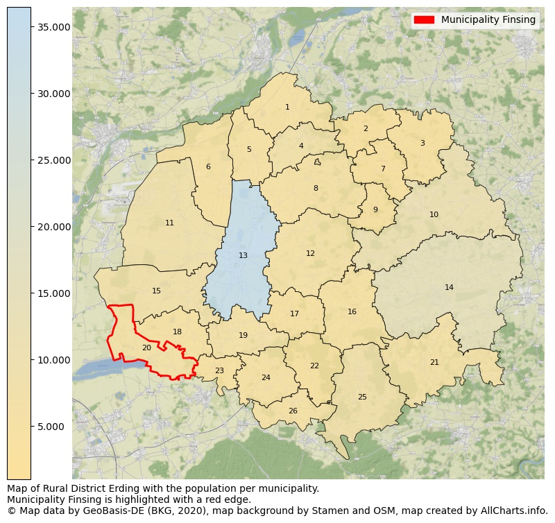Map of Rural district Erding with the population per municipality.Municipality Finsing is highlighted with a red edge.. This page shows a lot of information about residents (such as the distribution by age groups, family composition, gender, native or German with an immigration background, ...), homes (numbers, types, price development, use, type of property, ...) and more (car ownership, energy consumption, ...) based on open data from the German Federal Agency for Cartography, the Federal Statistical Office (DESTATIS), the Regional Statistical Offices and various other sources!