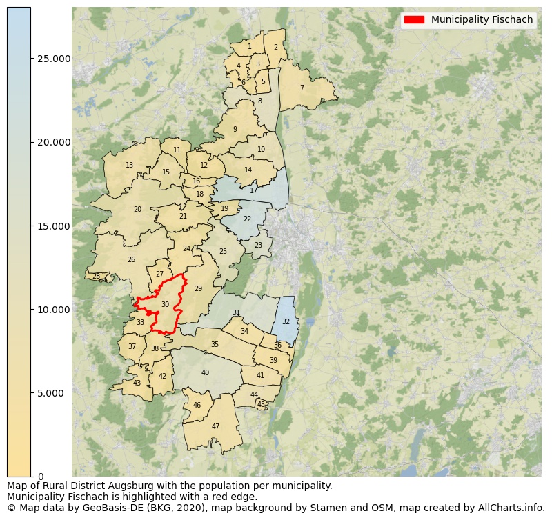 Map of Rural district Augsburg with the population per municipality.Municipality Fischach is highlighted with a red edge.. This page shows a lot of information about residents (such as the distribution by age groups, family composition, gender, native or German with an immigration background, ...), homes (numbers, types, price development, use, type of property, ...) and more (car ownership, energy consumption, ...) based on open data from the German Federal Agency for Cartography, the Federal Statistical Office (DESTATIS), the Regional Statistical Offices and various other sources!