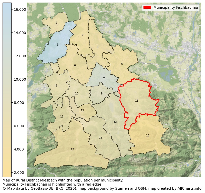 Map of Rural district Miesbach with the population per municipality.Municipality Fischbachau is highlighted with a red edge.. This page shows a lot of information about residents (such as the distribution by age groups, family composition, gender, native or German with an immigration background, ...), homes (numbers, types, price development, use, type of property, ...) and more (car ownership, energy consumption, ...) based on open data from the German Federal Agency for Cartography, the Federal Statistical Office (DESTATIS), the Regional Statistical Offices and various other sources!