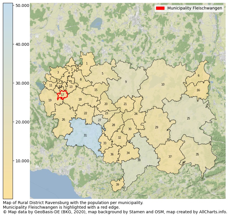 Map of Rural district Ravensburg with the population per municipality.Municipality Fleischwangen is highlighted with a red edge.. This page shows a lot of information about residents (such as the distribution by age groups, family composition, gender, native or German with an immigration background, ...), homes (numbers, types, price development, use, type of property, ...) and more (car ownership, energy consumption, ...) based on open data from the German Federal Agency for Cartography, the Federal Statistical Office (DESTATIS), the Regional Statistical Offices and various other sources!
