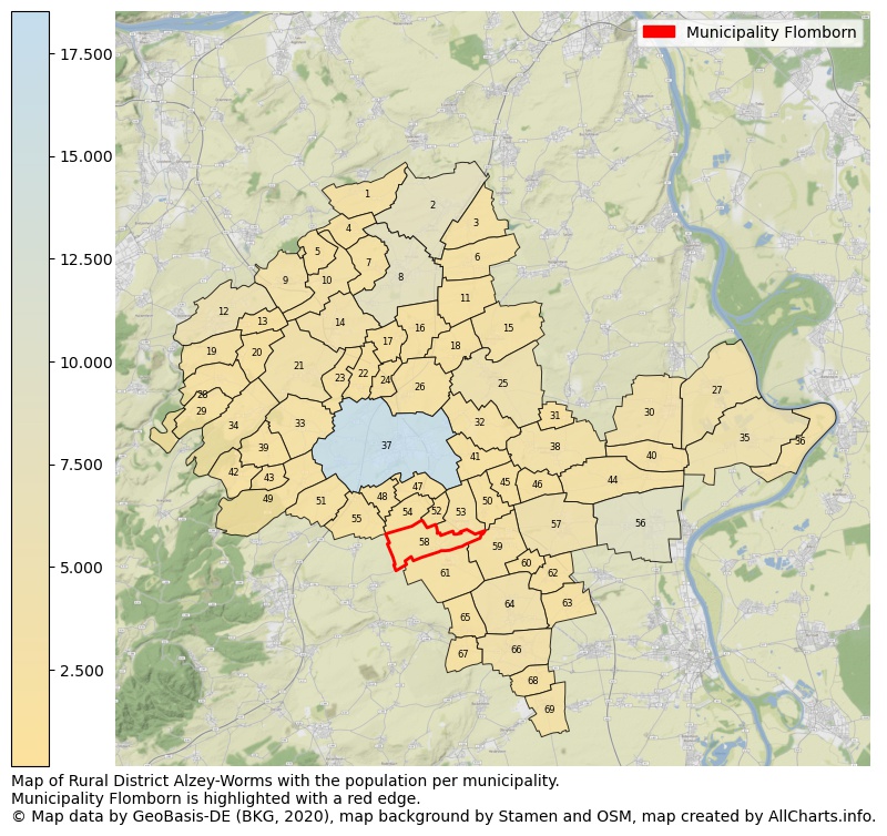 Map of Rural district Alzey-Worms with the population per municipality.Municipality Flomborn is highlighted with a red edge.. This page shows a lot of information about residents (such as the distribution by age groups, family composition, gender, native or German with an immigration background, ...), homes (numbers, types, price development, use, type of property, ...) and more (car ownership, energy consumption, ...) based on open data from the German Federal Agency for Cartography, the Federal Statistical Office (DESTATIS), the Regional Statistical Offices and various other sources!