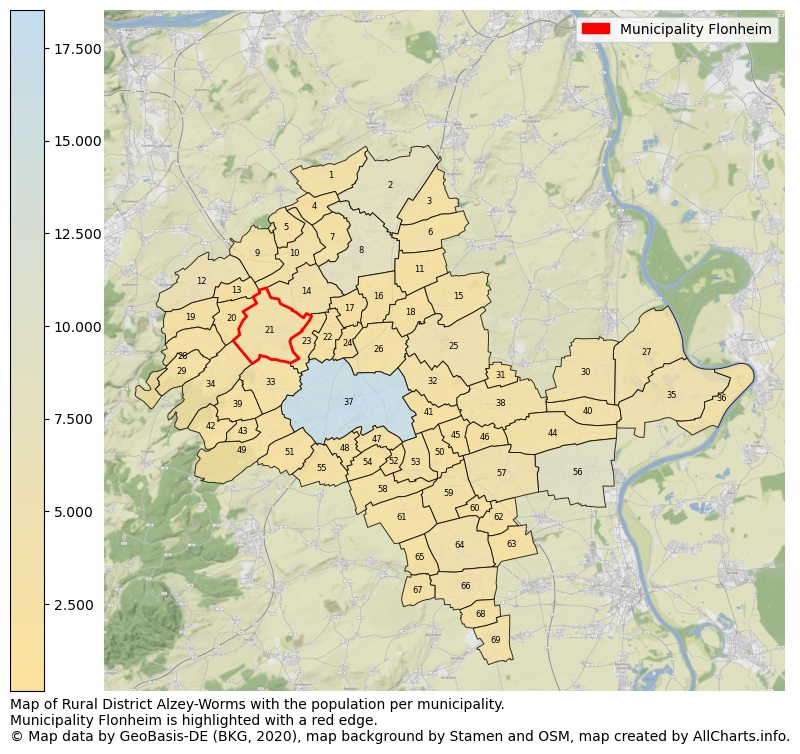 Map of Rural district Alzey-Worms with the population per municipality.Municipality Flonheim is highlighted with a red edge.. This page shows a lot of information about residents (such as the distribution by age groups, family composition, gender, native or German with an immigration background, ...), homes (numbers, types, price development, use, type of property, ...) and more (car ownership, energy consumption, ...) based on open data from the German Federal Agency for Cartography, the Federal Statistical Office (DESTATIS), the Regional Statistical Offices and various other sources!