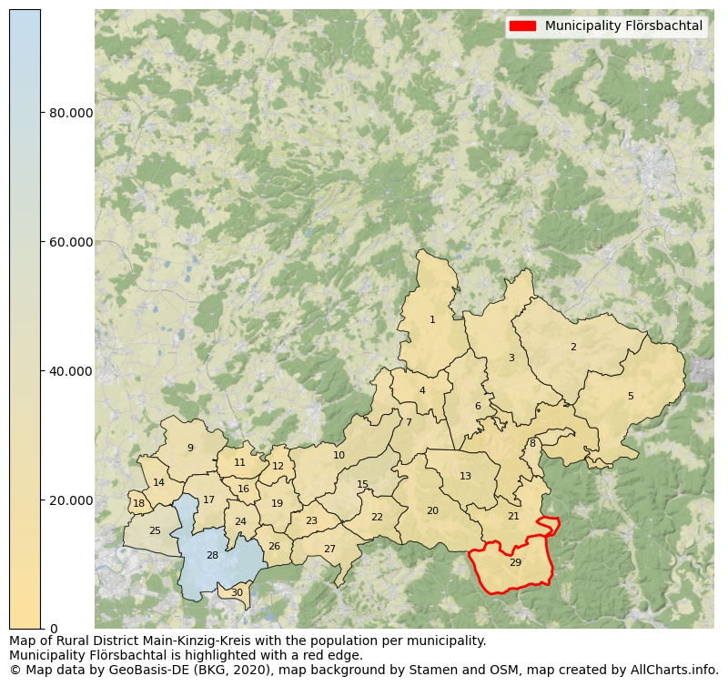 Map of Rural district Main-Kinzig-Kreis with the population per municipality.Municipality Flörsbachtal is highlighted with a red edge.. This page shows a lot of information about residents (such as the distribution by age groups, family composition, gender, native or German with an immigration background, ...), homes (numbers, types, price development, use, type of property, ...) and more (car ownership, energy consumption, ...) based on open data from the German Federal Agency for Cartography, the Federal Statistical Office (DESTATIS), the Regional Statistical Offices and various other sources!