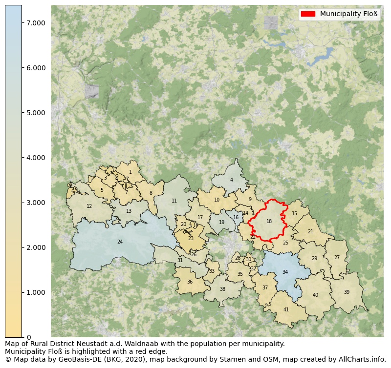 Map of Rural district Neustadt a.d. Waldnaab with the population per municipality.Municipality Floß is highlighted with a red edge.. This page shows a lot of information about residents (such as the distribution by age groups, family composition, gender, native or German with an immigration background, ...), homes (numbers, types, price development, use, type of property, ...) and more (car ownership, energy consumption, ...) based on open data from the German Federal Agency for Cartography, the Federal Statistical Office (DESTATIS), the Regional Statistical Offices and various other sources!