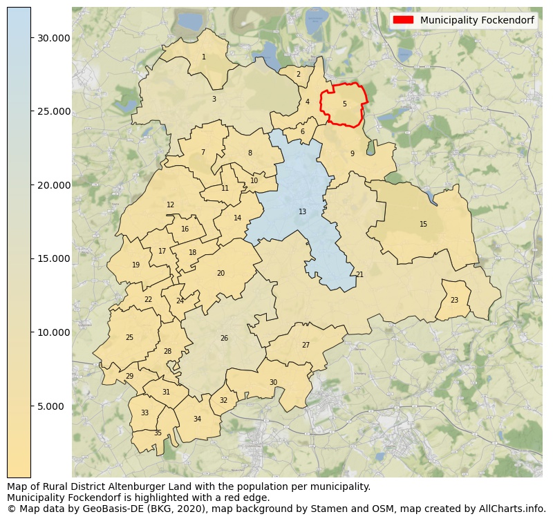 Map of Rural district Altenburger Land with the population per municipality.Municipality Fockendorf is highlighted with a red edge.. This page shows a lot of information about residents (such as the distribution by age groups, family composition, gender, native or German with an immigration background, ...), homes (numbers, types, price development, use, type of property, ...) and more (car ownership, energy consumption, ...) based on open data from the German Federal Agency for Cartography, the Federal Statistical Office (DESTATIS), the Regional Statistical Offices and various other sources!