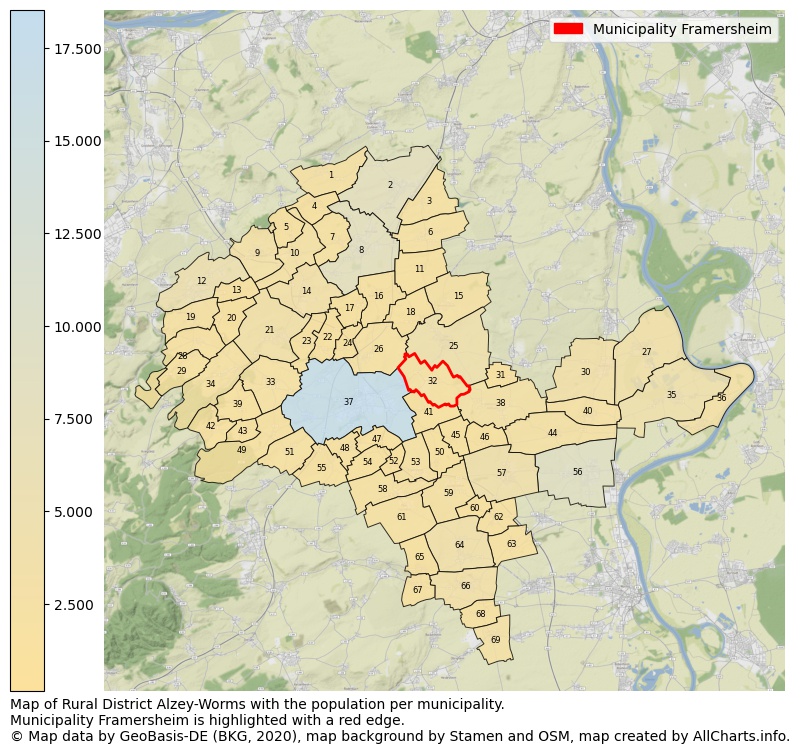 Map of Rural district Alzey-Worms with the population per municipality.Municipality Framersheim is highlighted with a red edge.. This page shows a lot of information about residents (such as the distribution by age groups, family composition, gender, native or German with an immigration background, ...), homes (numbers, types, price development, use, type of property, ...) and more (car ownership, energy consumption, ...) based on open data from the German Federal Agency for Cartography, the Federal Statistical Office (DESTATIS), the Regional Statistical Offices and various other sources!