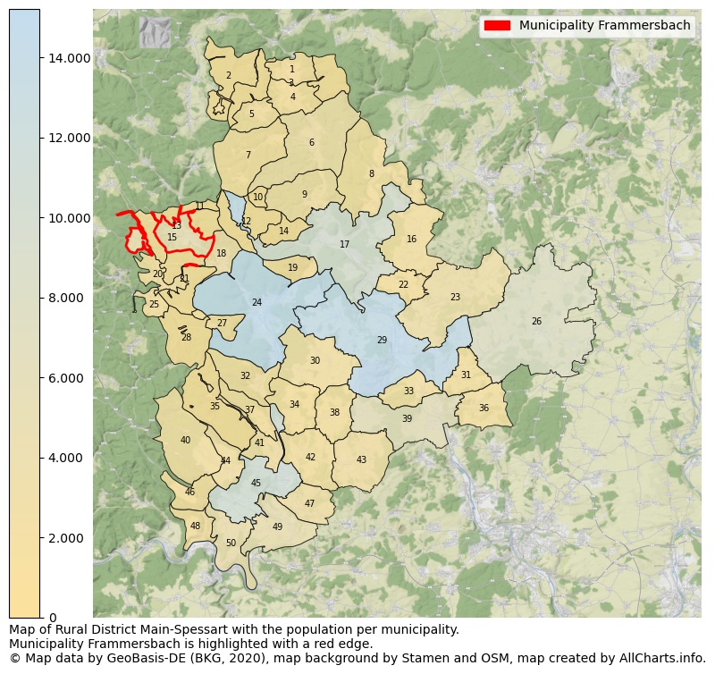 Map of Rural district Main-Spessart with the population per municipality.Municipality Frammersbach is highlighted with a red edge.. This page shows a lot of information about residents (such as the distribution by age groups, family composition, gender, native or German with an immigration background, ...), homes (numbers, types, price development, use, type of property, ...) and more (car ownership, energy consumption, ...) based on open data from the German Federal Agency for Cartography, the Federal Statistical Office (DESTATIS), the Regional Statistical Offices and various other sources!