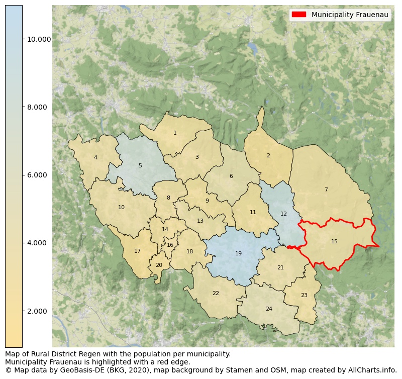 Map of Rural district Regen with the population per municipality.Municipality Frauenau is highlighted with a red edge.. This page shows a lot of information about residents (such as the distribution by age groups, family composition, gender, native or German with an immigration background, ...), homes (numbers, types, price development, use, type of property, ...) and more (car ownership, energy consumption, ...) based on open data from the German Federal Agency for Cartography, the Federal Statistical Office (DESTATIS), the Regional Statistical Offices and various other sources!