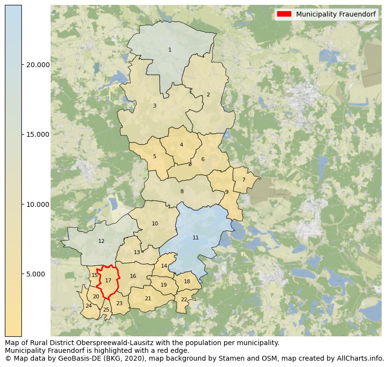 Map of Rural district Oberspreewald-Lausitz with the population per municipality.Municipality Frauendorf is highlighted with a red edge.. This page shows a lot of information about residents (such as the distribution by age groups, family composition, gender, native or German with an immigration background, ...), homes (numbers, types, price development, use, type of property, ...) and more (car ownership, energy consumption, ...) based on open data from the German Federal Agency for Cartography, the Federal Statistical Office (DESTATIS), the Regional Statistical Offices and various other sources!